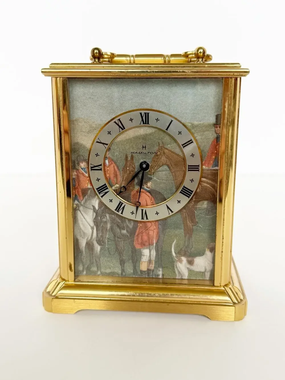 Vintage Hamilton Electronic Gold Brass Miniature Shelf Mantel Fox Hunt Clock